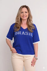 BLUSA DO BRASIL AZUL COM BRANCO TRICOT ESSENZA